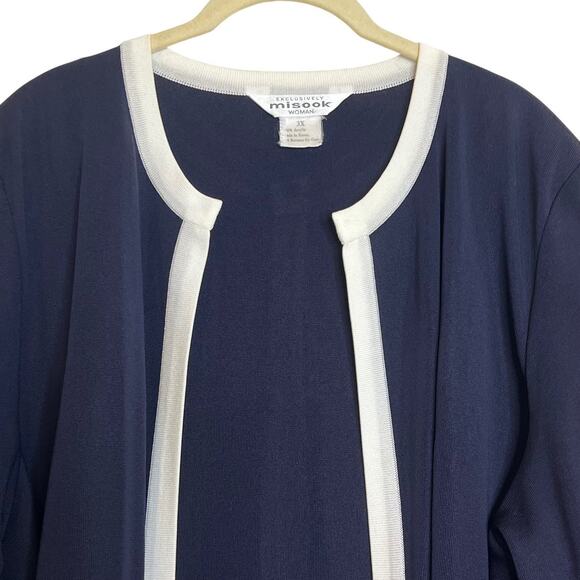 Exclusively Misook Woman 3X Navy White Trim Open Front Knit Cardigan Jacket - Picture 2 of 5